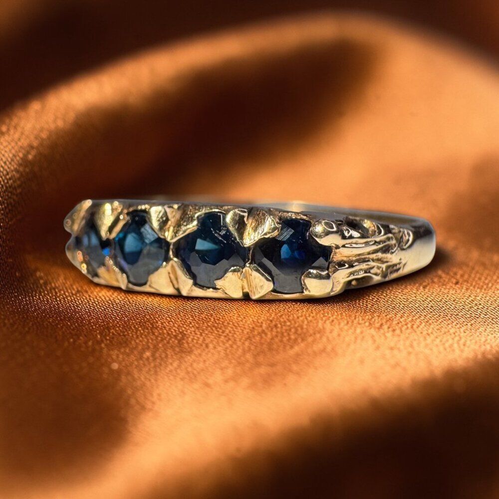 ANTIQUE- 14K Gold-Victorian -Five Stone Natural Blue Sapphire Ring -1.25ct -2.3g
